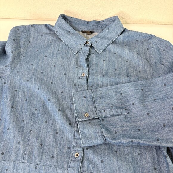Talbots Polka Dot Denim Shirt Dress Womens 16 Blue Cotton Belted 3/4 Sleeve - Picture 11 of 13